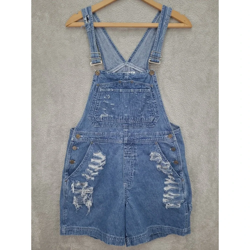 Vintage 90's Bill Blass Jeans Denim‎ Overall Shorts Women's Sz S Blue Distressed